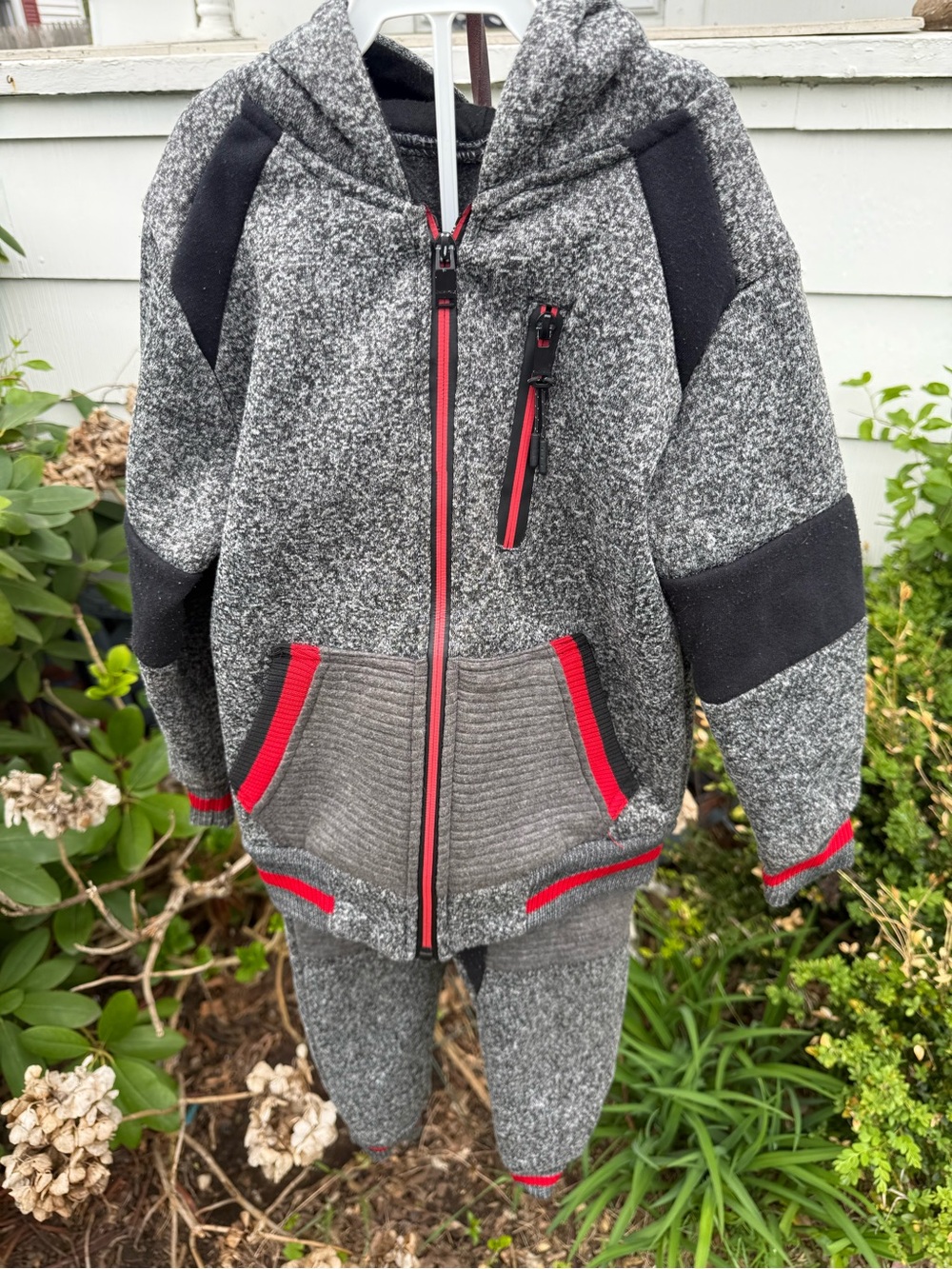 Encrypted Sz 5 GUCHooded Zip Jogger Set in Heather Gray with Black and Red Trim